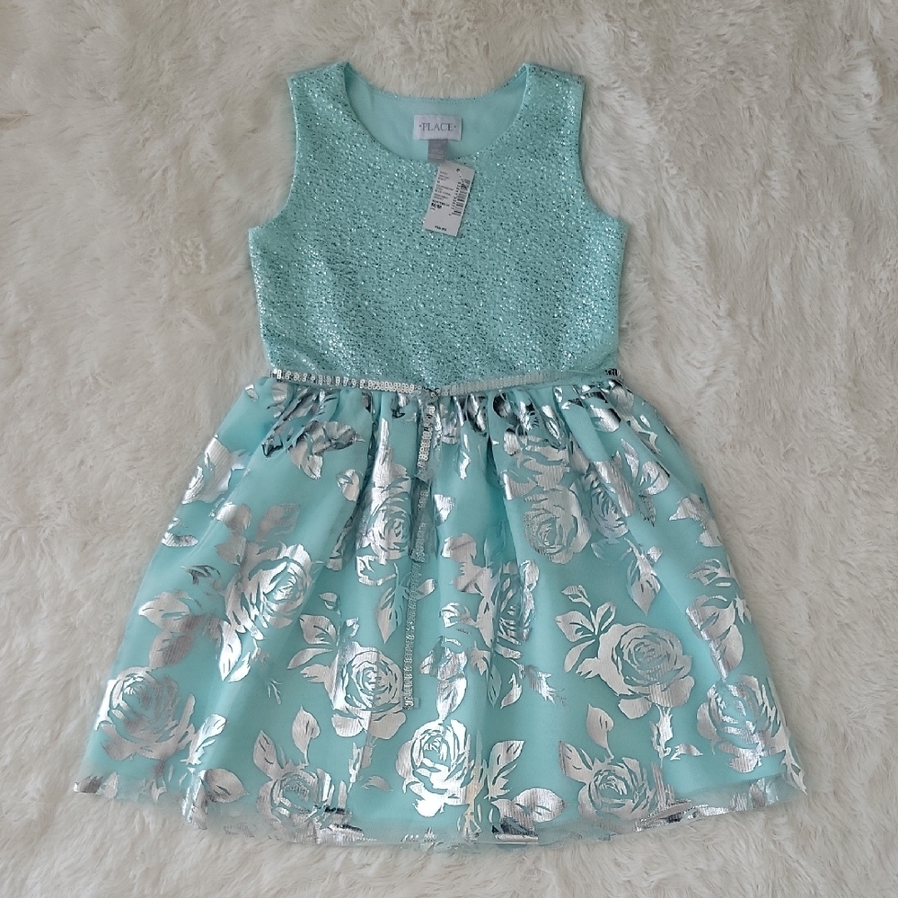 The Children's Place Aqua Silver Floral Party Dress Girls Size 7/8